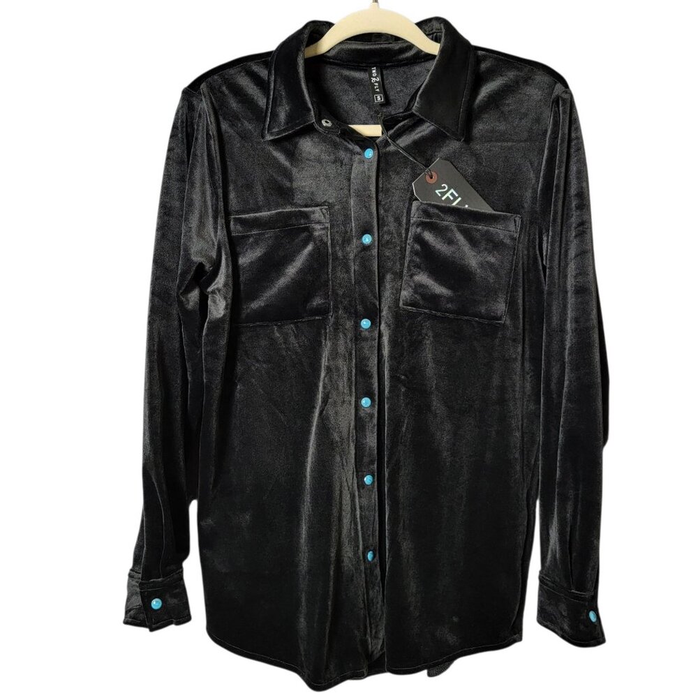 Two 2 FLy Womens Black Western Turquoise Snap Button Velvet Long Sleeve Shirt S